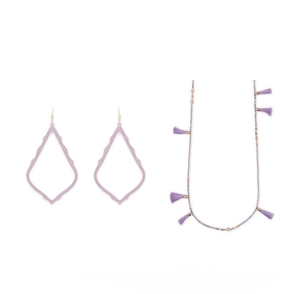 Kendra Scott necklace and earrings in lilac purple